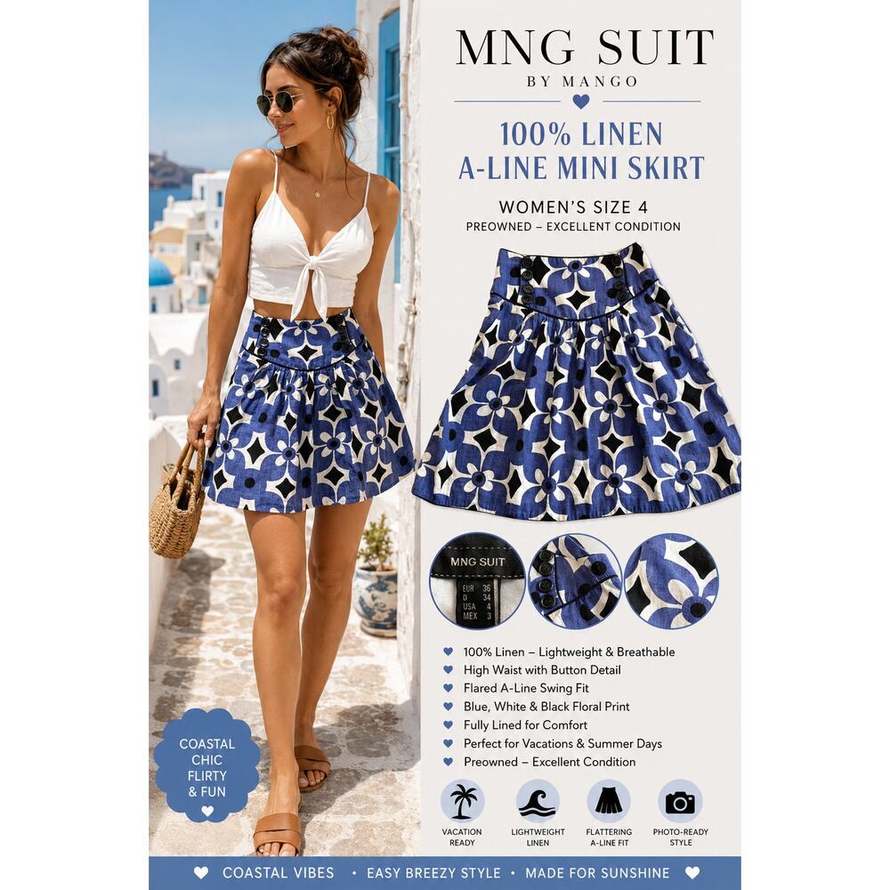 MNG Suit Mango 100% Linen Mini Skirt Size 4 Blue Floral A Line Flare